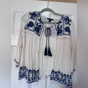 Forever 21 White Peasant Blouse with Blue Embroidery and Tassel Tie